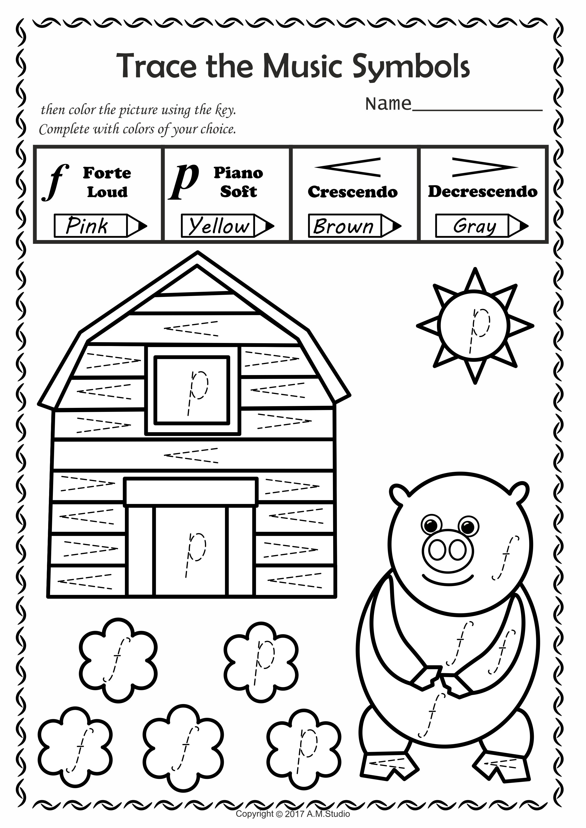 Music trace and color worksheets for kids