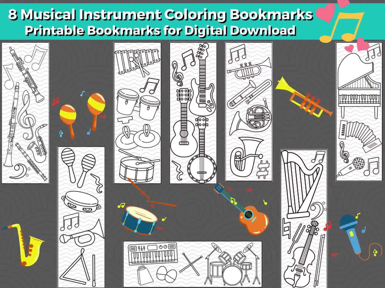 Musical instrument printable coloring bookmarks for kids instant download color your own bookmarks