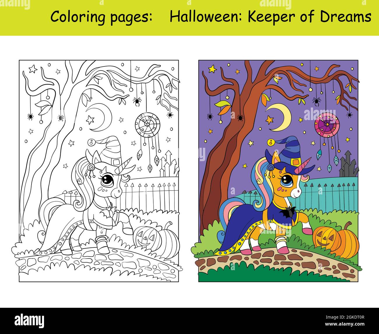 Cute unicorn witch and dreamcatcher halloween concept coloring book page for children with colorful template vector cartoon illustration for educa stock vector image art
