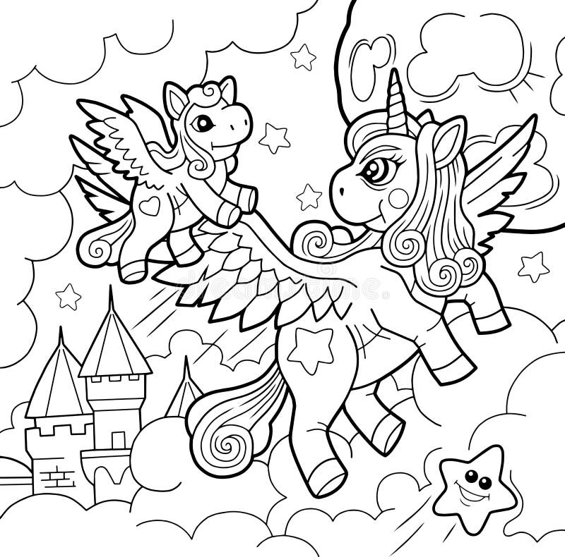 Cute pony unicorn coloring book outline illustration stock vector