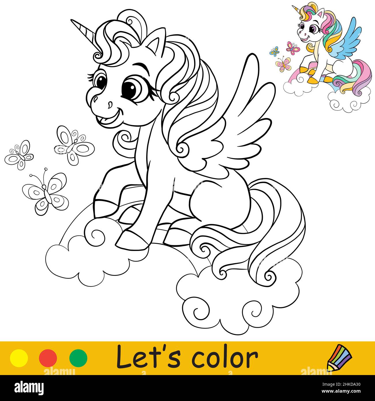 Cute unicorn head with bridle coloring book page with color template vector cartoon illustration for kids coloring card print design decor and stock vector image art