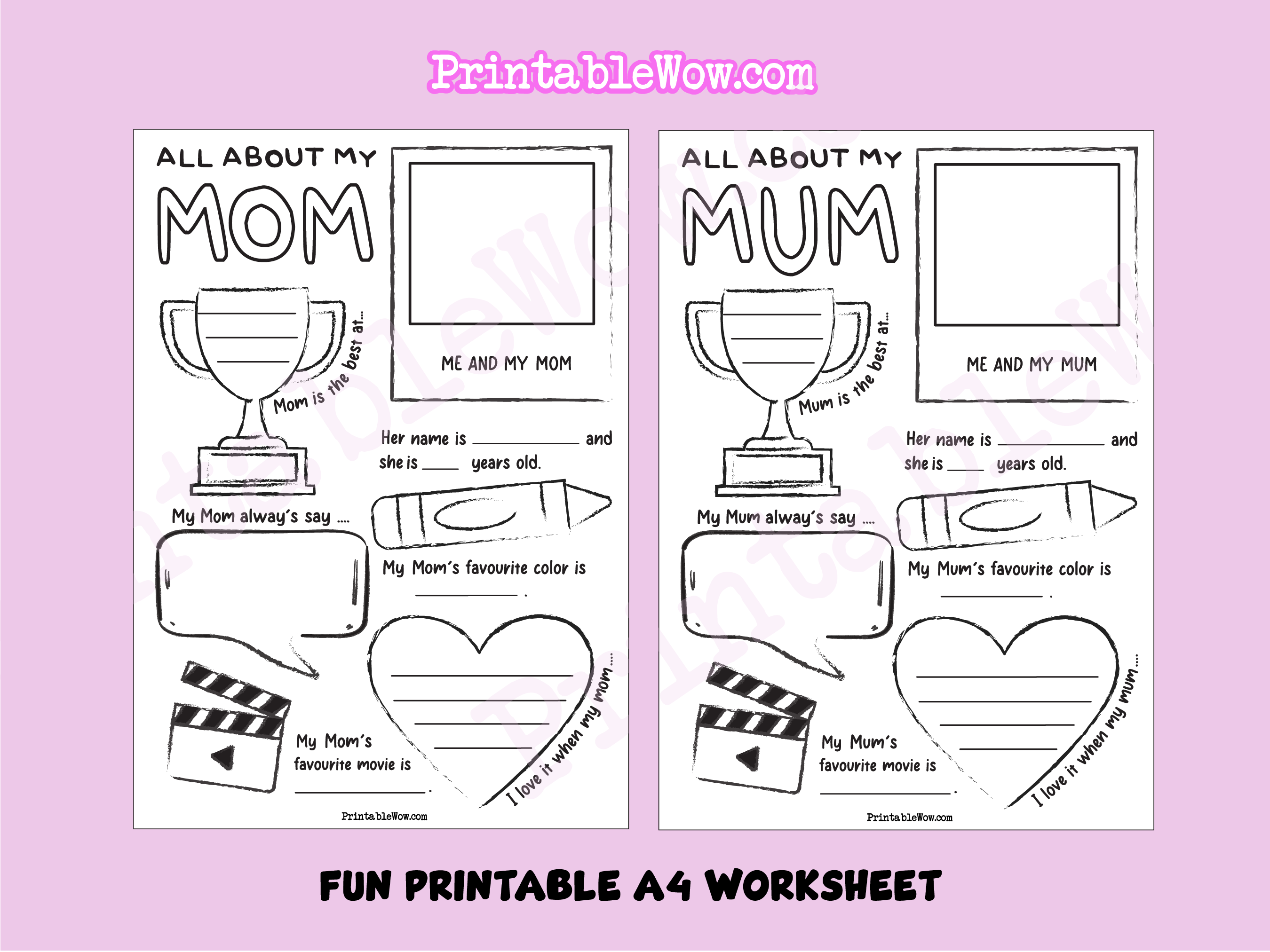 All about my mum and mom activity sheets â