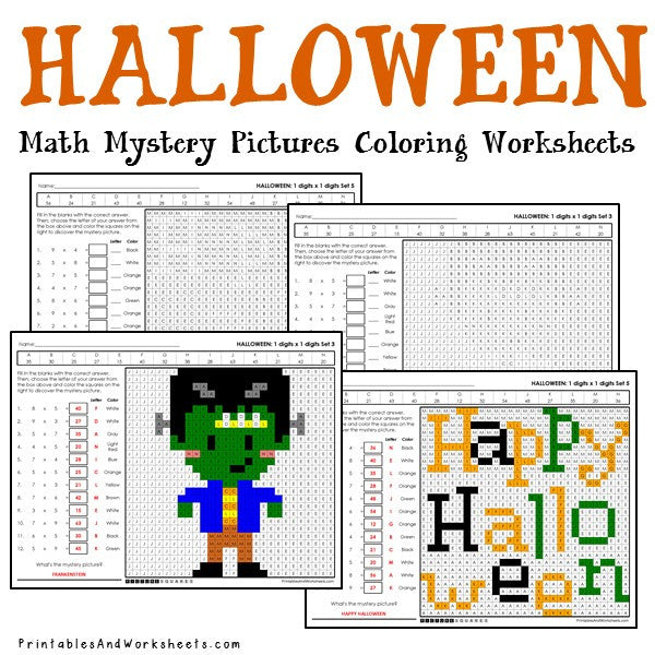 Halloween multiplication mystery pictures coloring worksheets