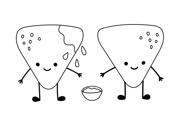Premium vector two chips nachos characters with a cup of tomato salsa mexican flat vector illustration