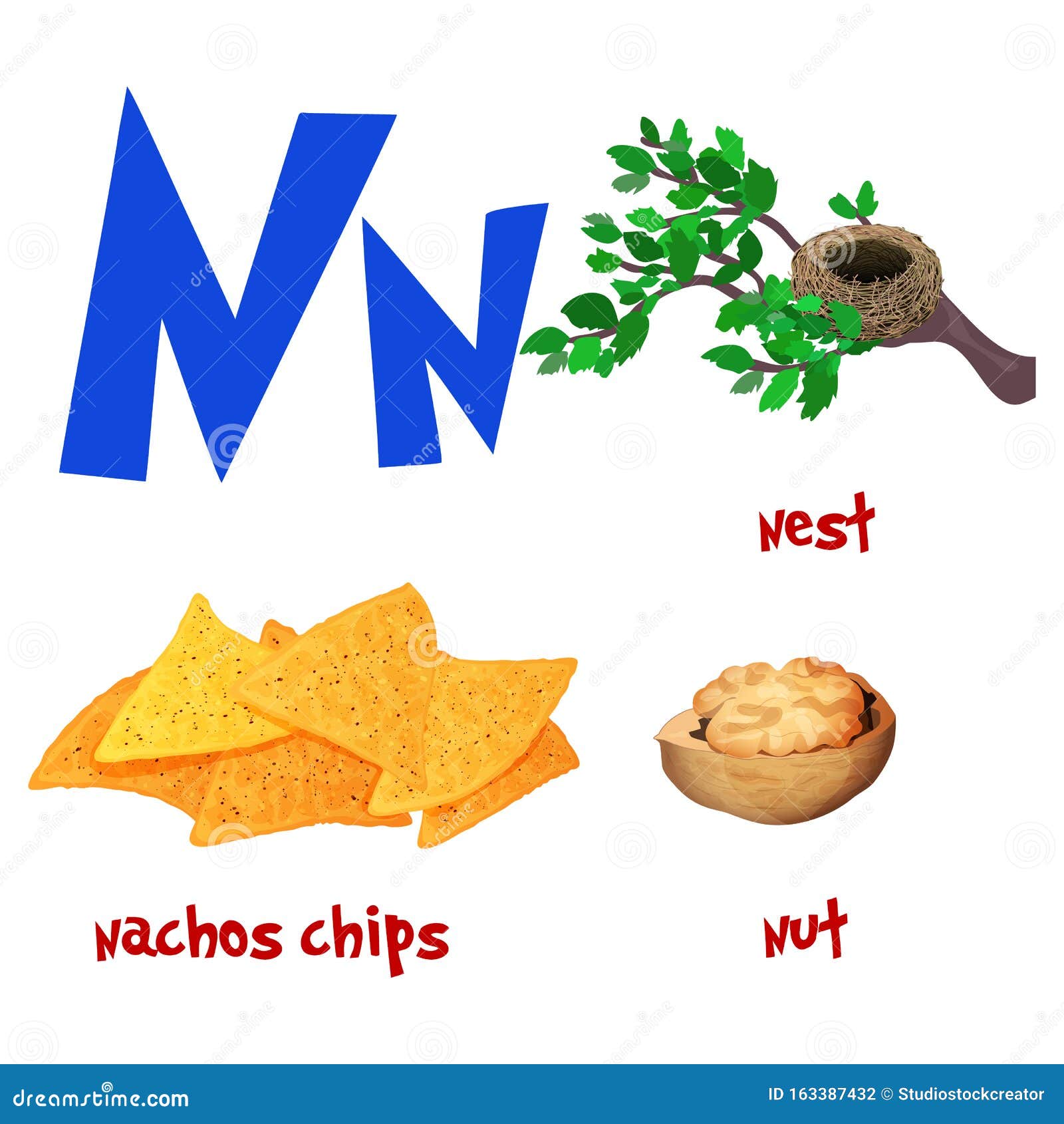 Vector cute kids cartoon alphabet letter n with nest nachos and nut stock vector