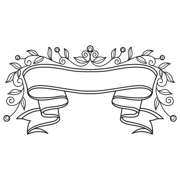 Bow label and ivy leaf hand drawn for adult coloring book stock illustration