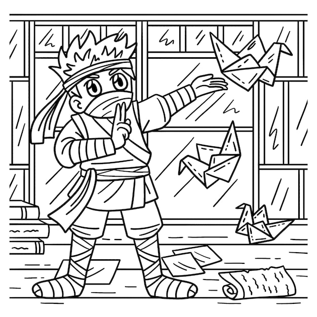 Un lindo y divertido dibujo para colorear de un ninja con origami proporciona horas de diversiãn coloreando para los niãos colorea ta pãgina muy fãcil adecuado para niãos pequeãos y niãos