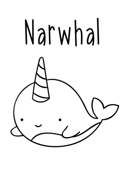 Coloring pages black white cute kawaii hand drawn narwhal doodles stock vector by dikabrina