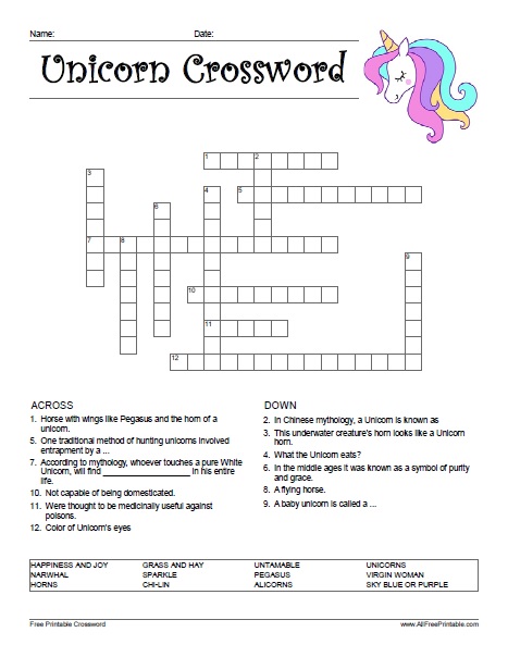 Unicorn crossword â free printable