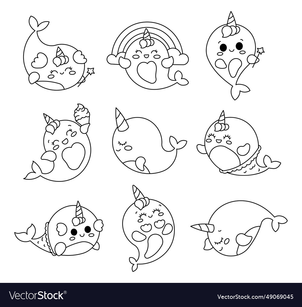 Cute narwhal coloring pages vector images