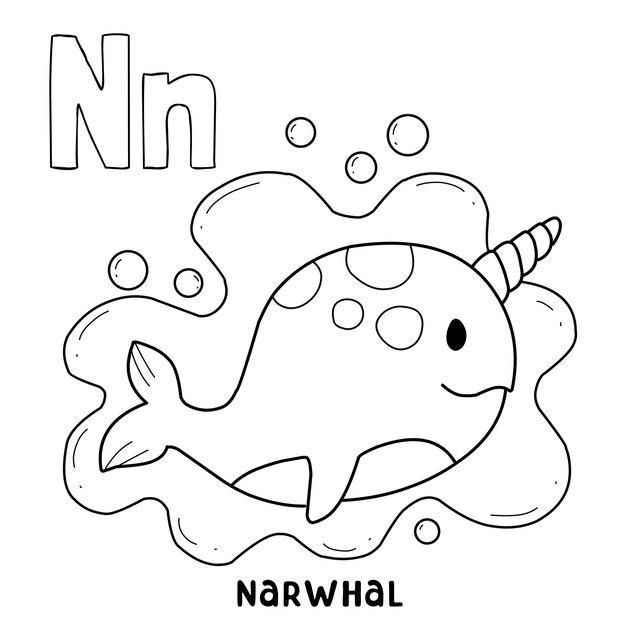 Premium vector alphabet animal narwhal for coloring with word hand drawn letter animal cartoon