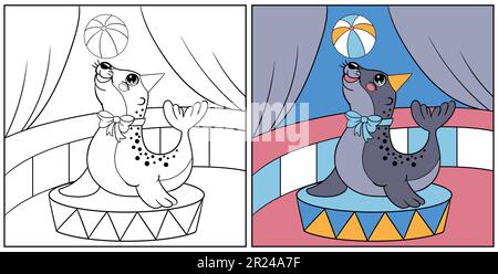 Cute navy seal with a ball in the circus vector cartoon illustration kids coloring page with a color sample for print design sticker card decor stock vector image art