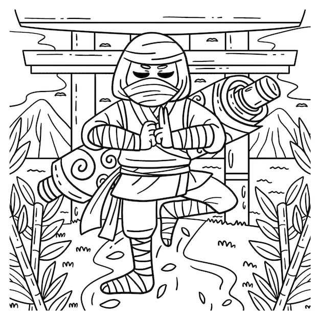 Premium vector a cute and funny coloring page of a ninja with a scroll provides hours of coloring fun for children color this page is very easy suitable for little kids