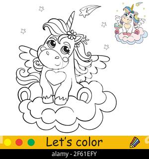 Lindo unicornio con alas en una nube pãgina de libro para colorear para niãos con plantilla de color ilustraciãn aislada de dibujos animados vectorial para colorear libro e imagen vector de stock