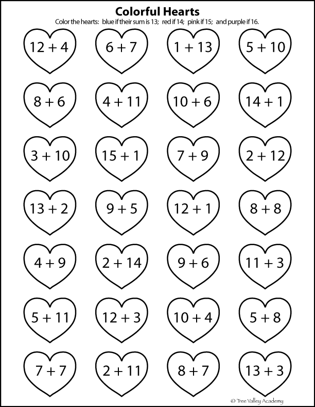 Heart themed addition worksheets for kids