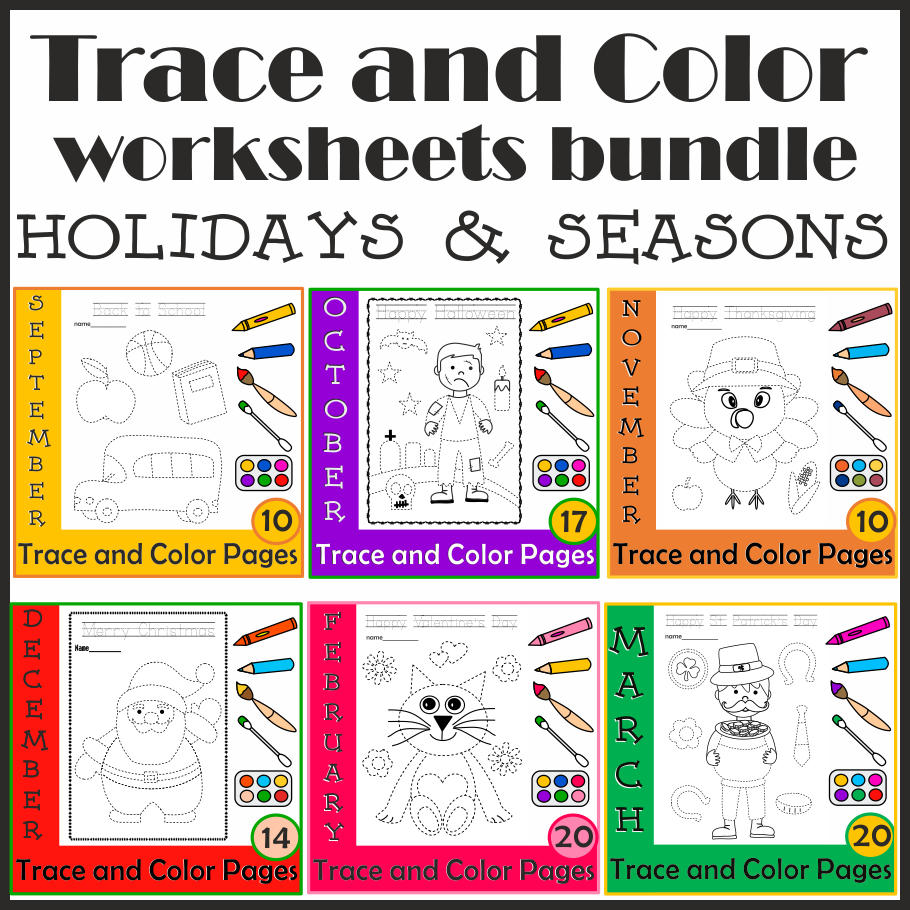 Trace and color worksheets year long mega bundle holidays seasons