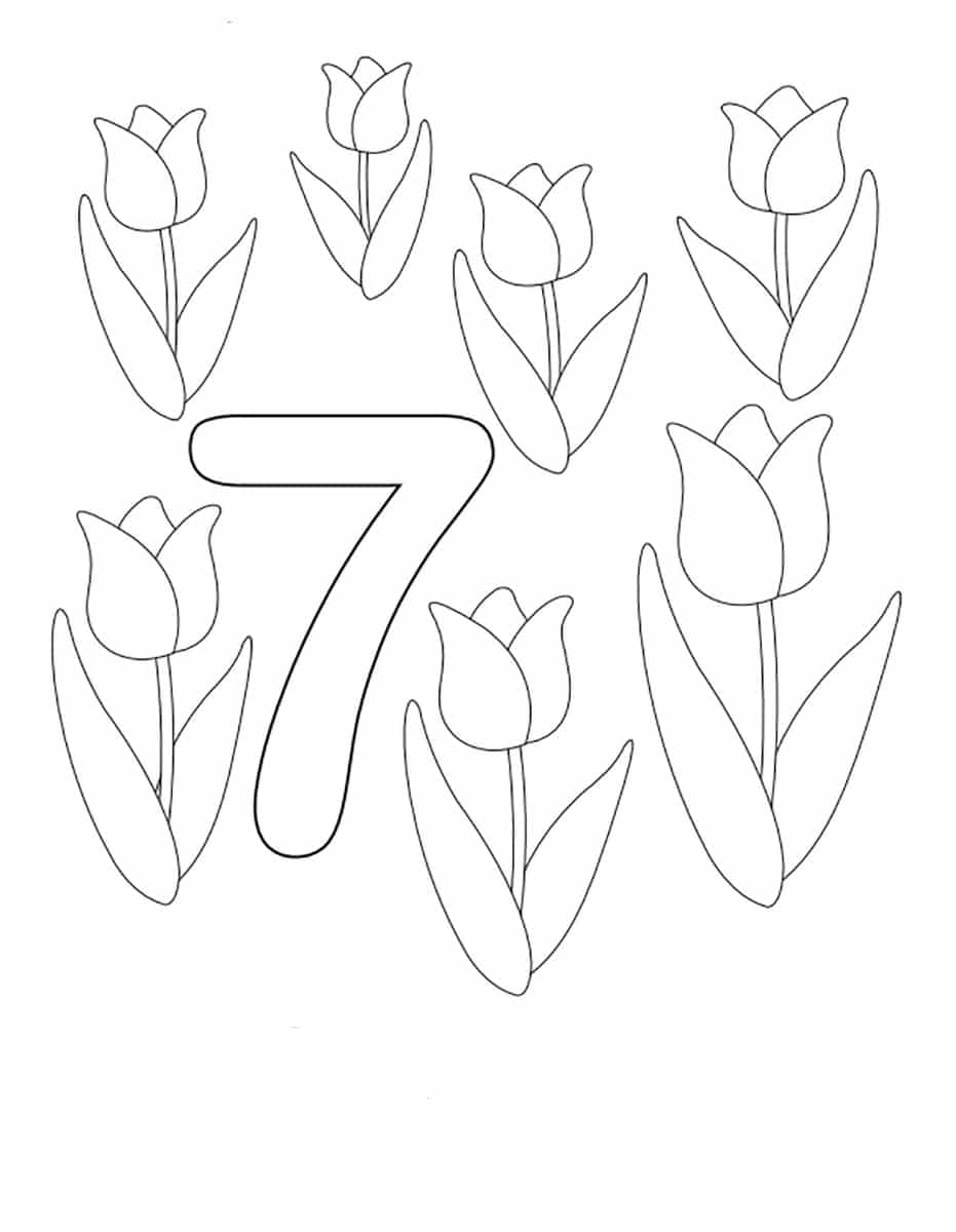 Number seven and seven flowers coloring page