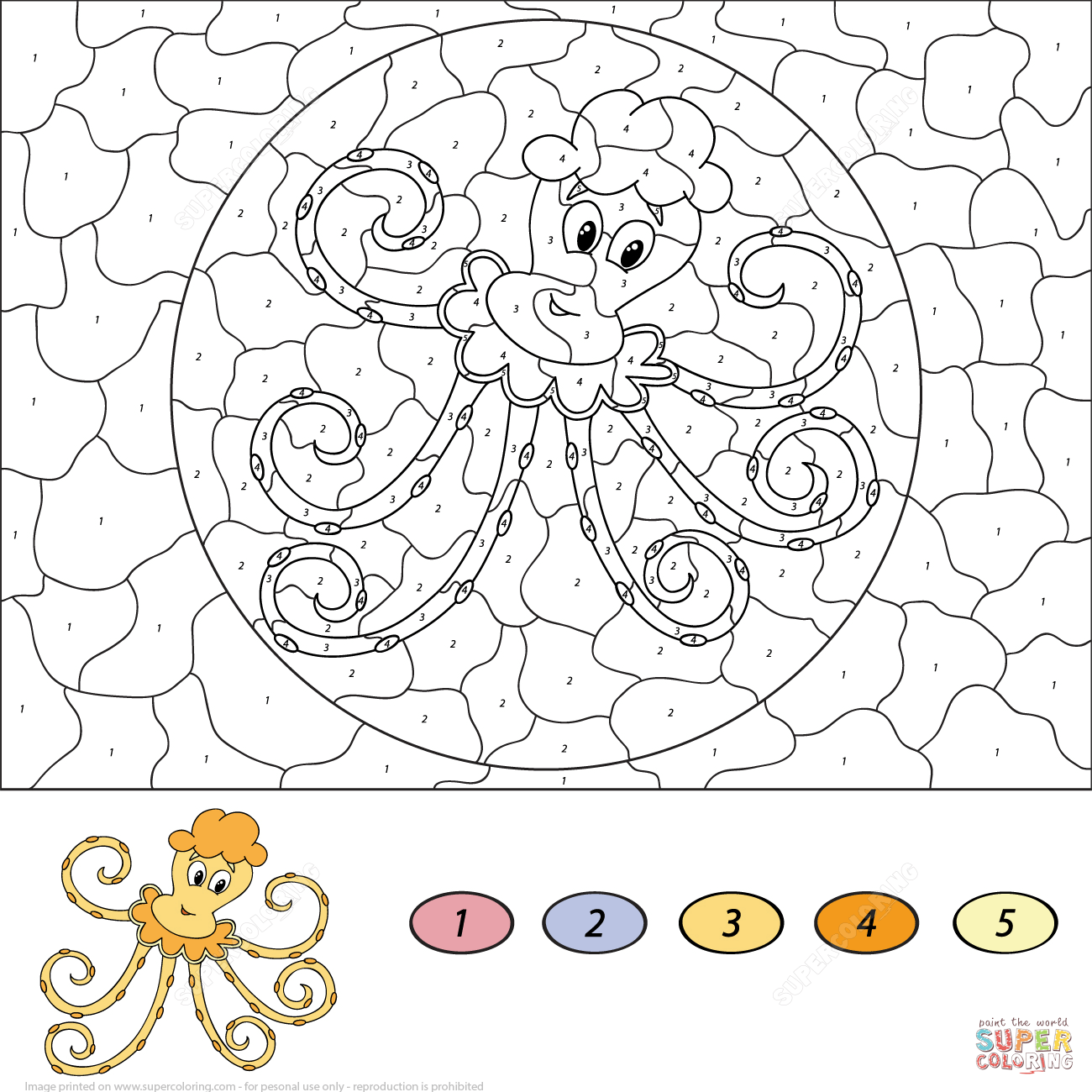 Cartoon octopus color by number free printable coloring pages