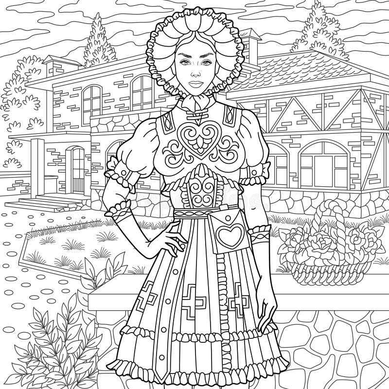 Vintage lady in dress adult coloring book page stock vector