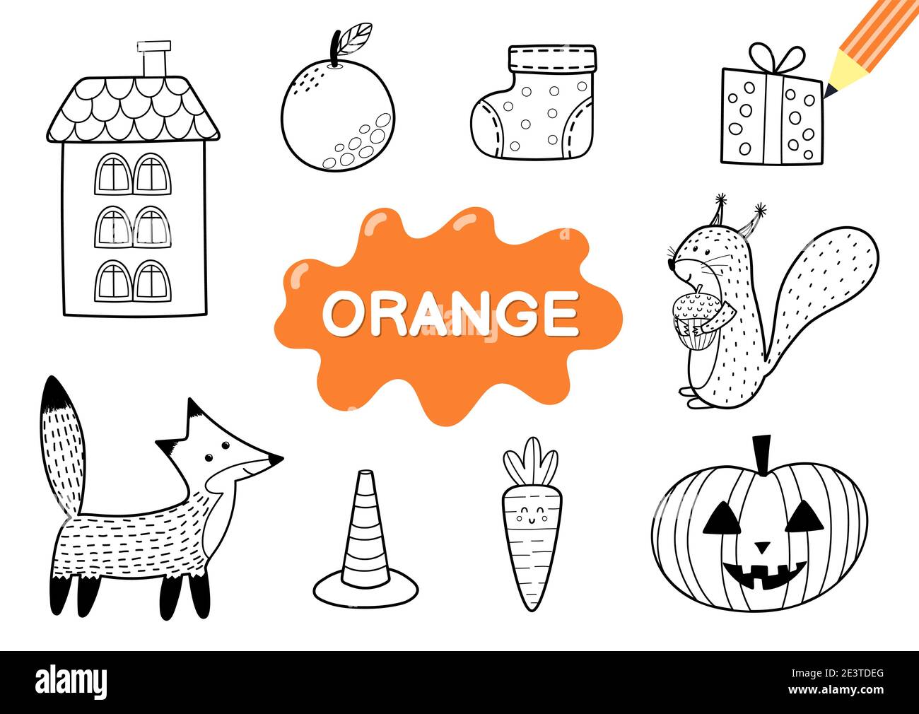 Color the elements in orange coloring page for kids educational material for school stock vector image art
