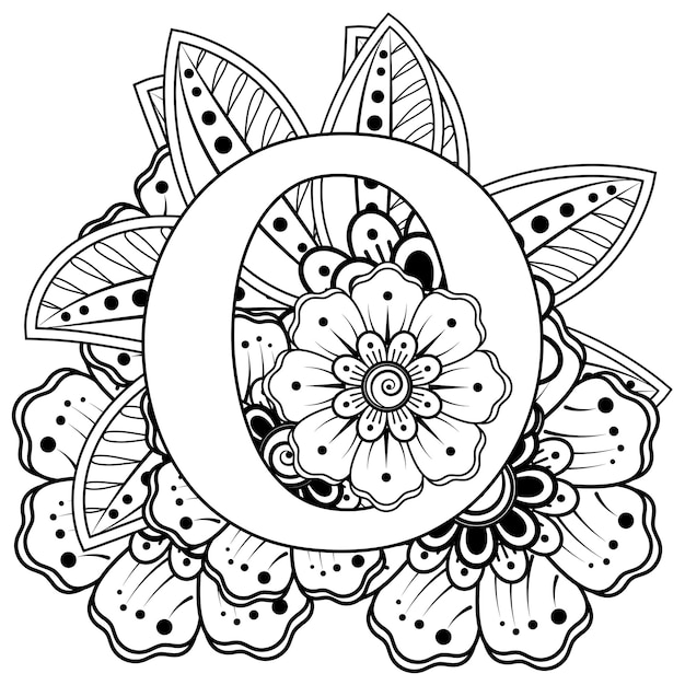 Premium vector letter o with mehndi flower decorative ornament in ethnic oriental style coloring book page
