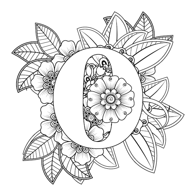 Premium vector letter o with mehndi flower decorative ornament in ethnic oriental style coloring book page