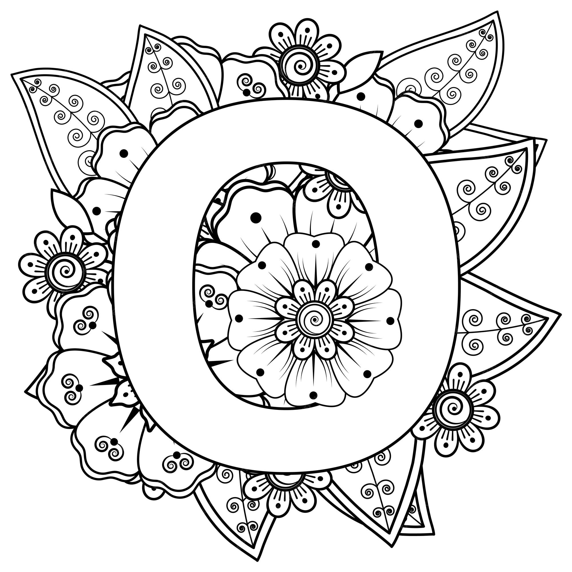 Premium vector letter o with mehndi flower decorative ornament in ethnic oriental style coloring book page