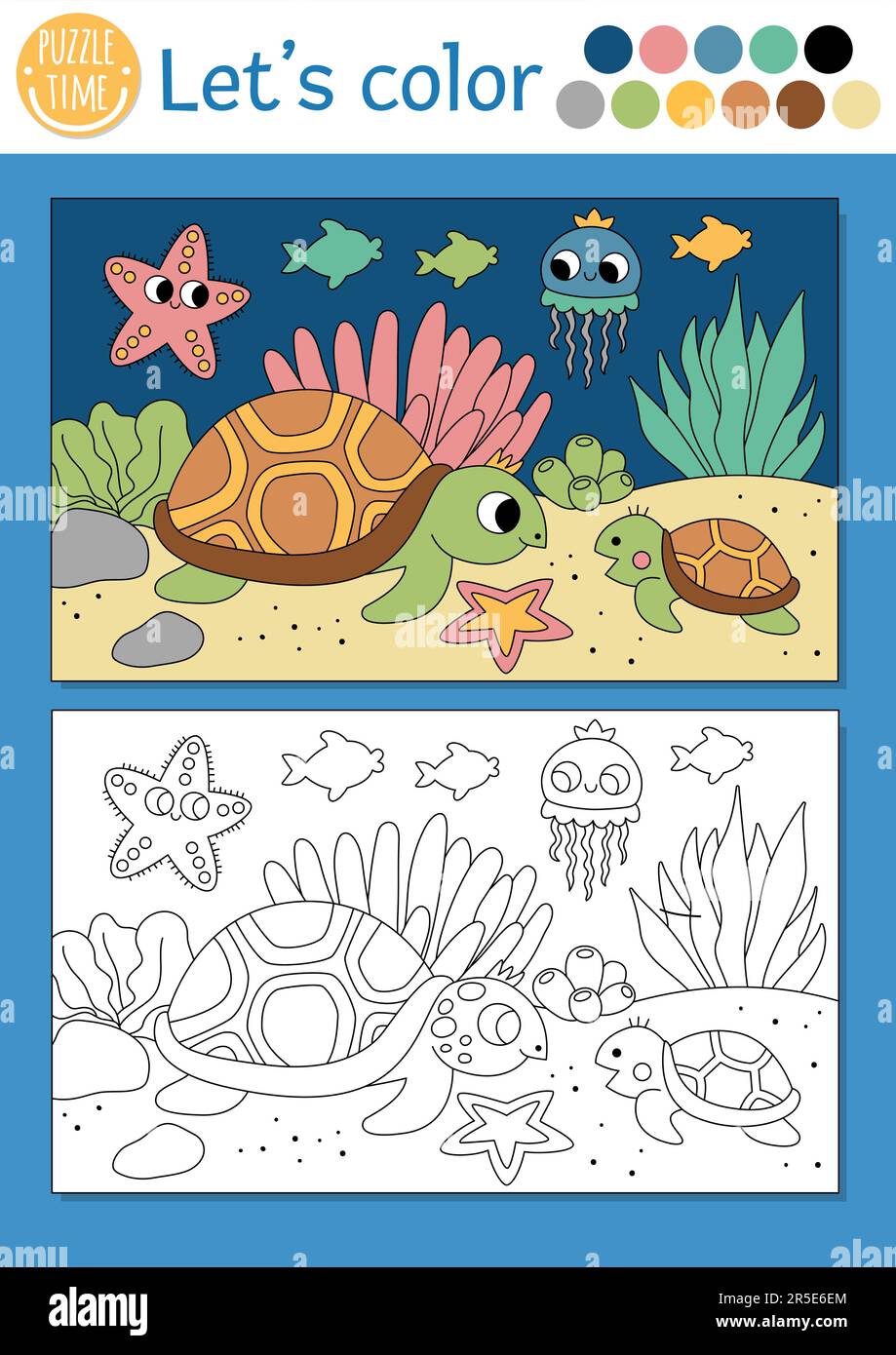 Under the sea coloring page for children with tortoise underwater scene vector ocean life outline illustration color book for kids with colored exam stock vector image art
