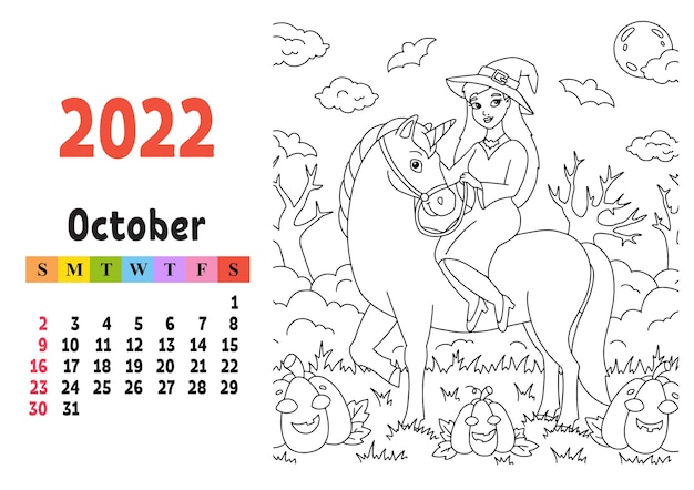 Premium vector calendar for with a cute character fairy unicorn coloring page fun and bright design isolated color vector illustration cartoon style