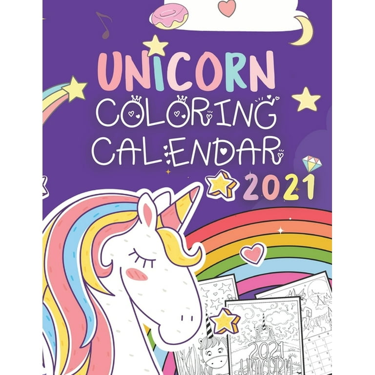 Unicorn coloring calendar month page with coloring pages featuring magic unicorns and horses for kids start january