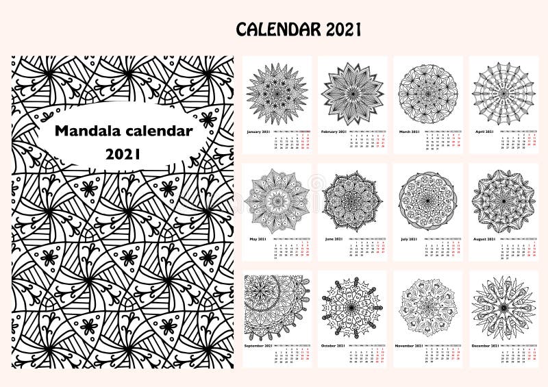 Calendar for whole year with different hand drawn mandala anti stress therapy the week starts on monday black and white stock illustration
