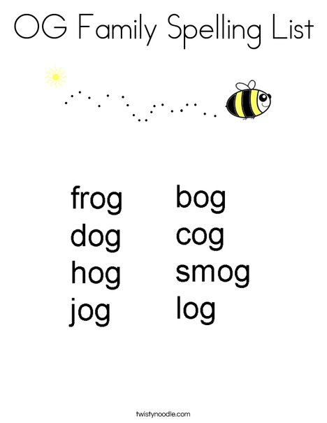 Og family spelling list coloring page