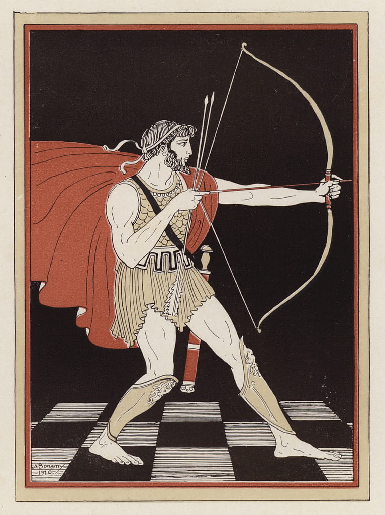 Odysse drawing his bow colour litho