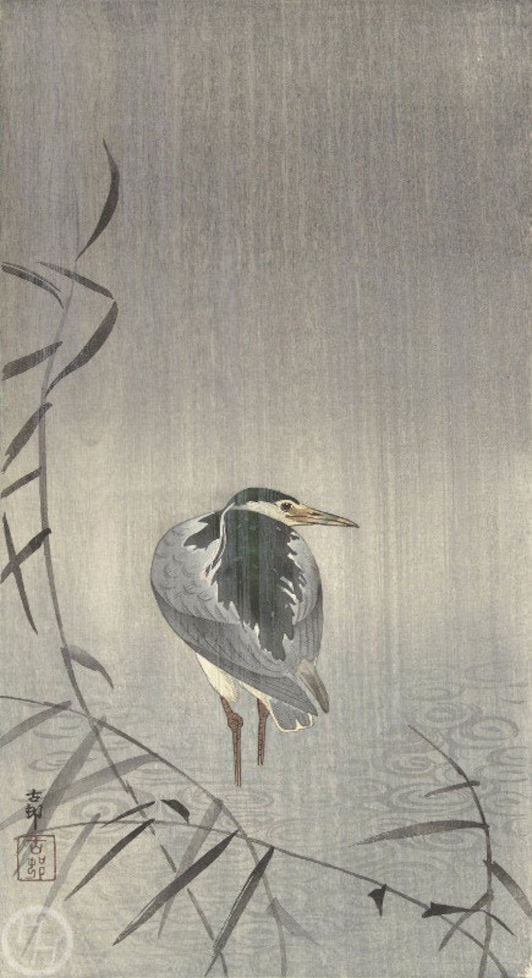 Japanese art print night heron in the rain by ohara koson woodblock giclãe print fine art asian art cultural art stormy night