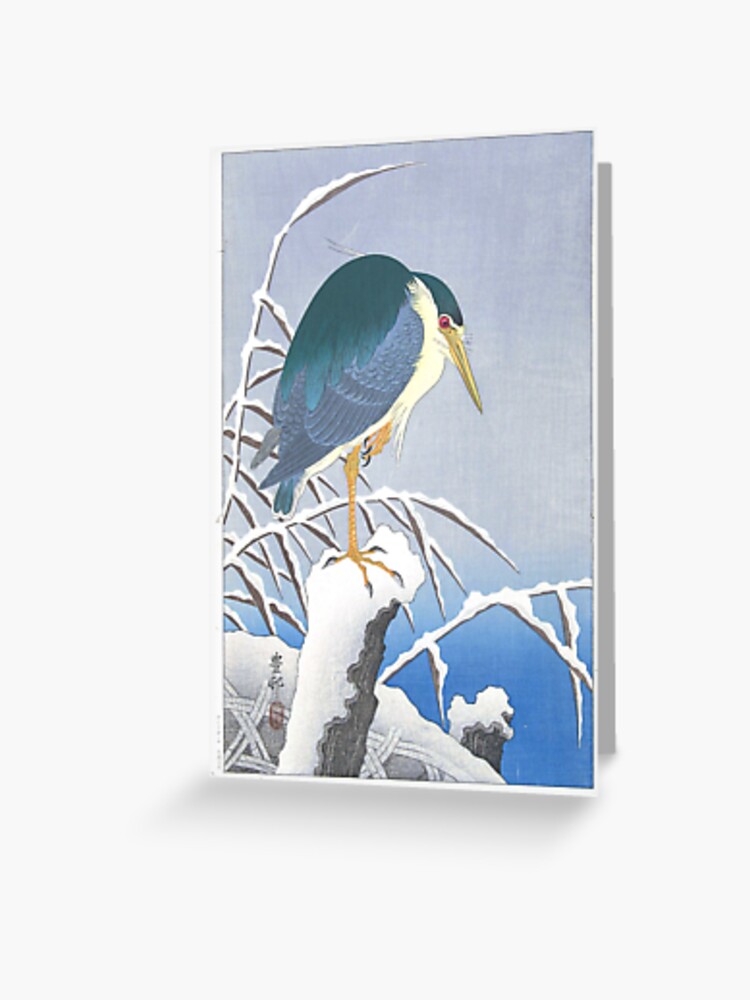 Ohara koson heron in snow greeting card for sale by teearthy