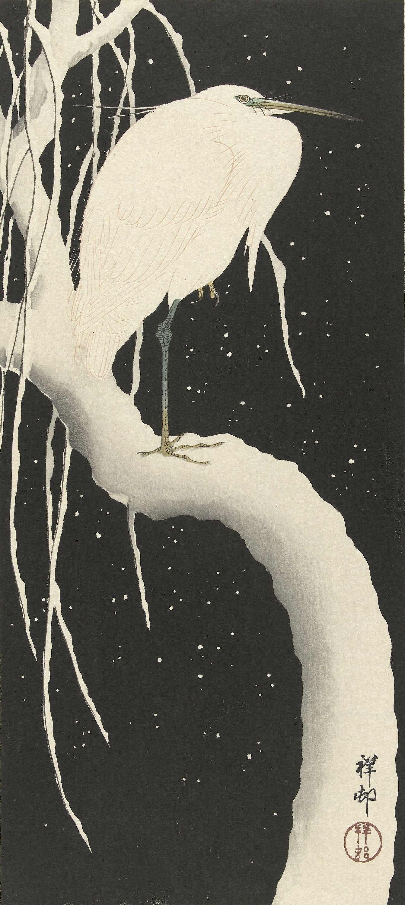 Heron in the snow c by ohara koson fine art reproduction