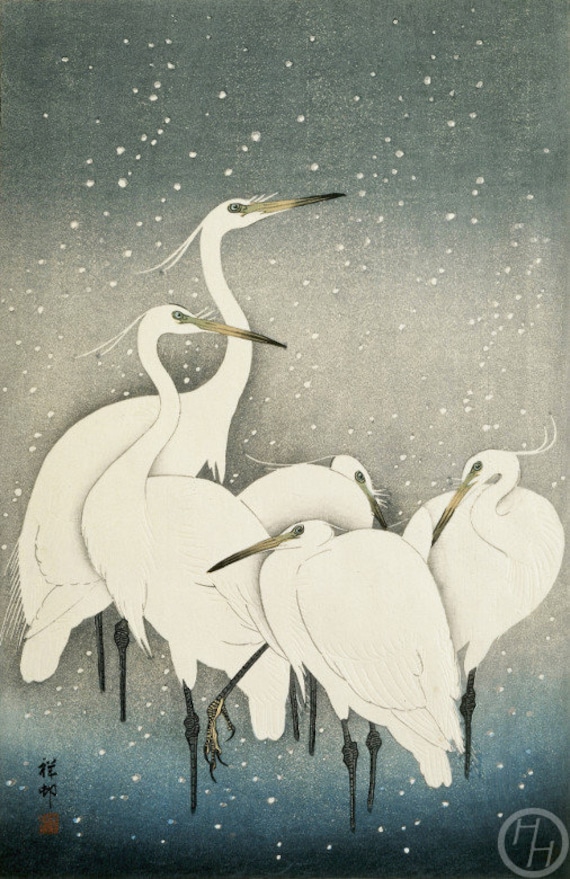 Japanese art print herons in snow by ohara koson woodblock giclãe print fine art asian art snowy egret snowflakes