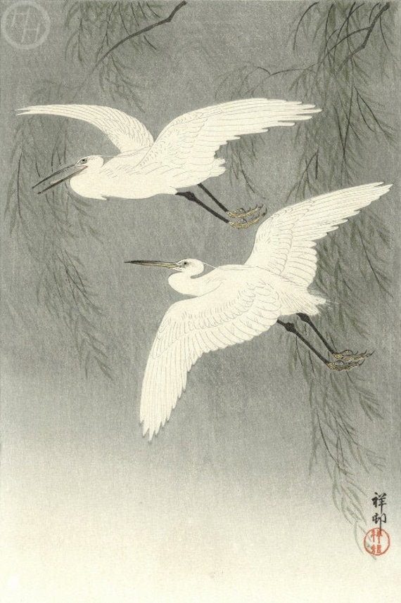 Japanese art print herons in reeds by ohara koson woodblock giclãe print fine art asian art cultural art willow tree