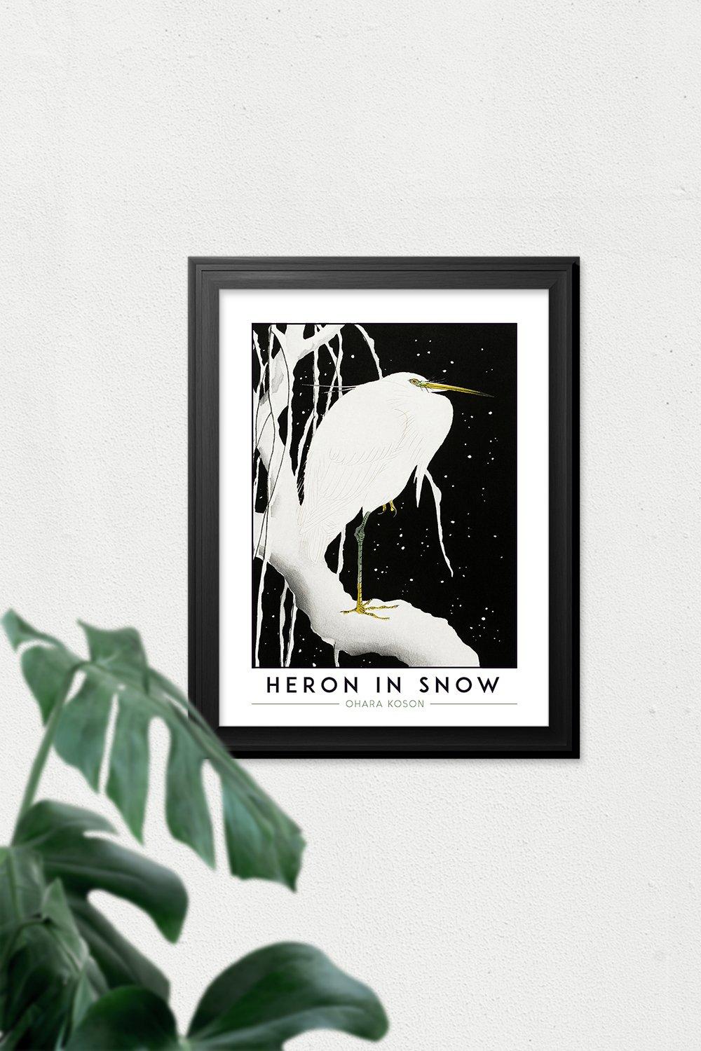 Wall art pictures ohara koson heron in snow painting premium black framed wall art print wee blue coo