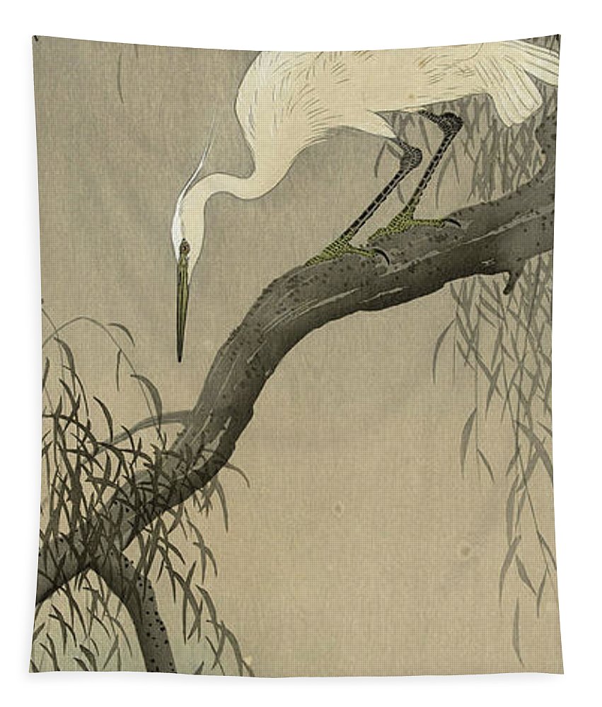 White heron on a tree branch tapestry by ohara koson