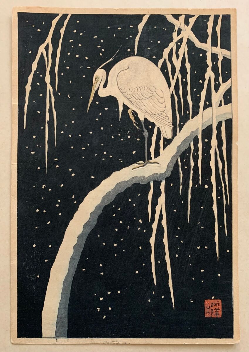 Ohara koson shoson heron in snow japanese woodblock print
