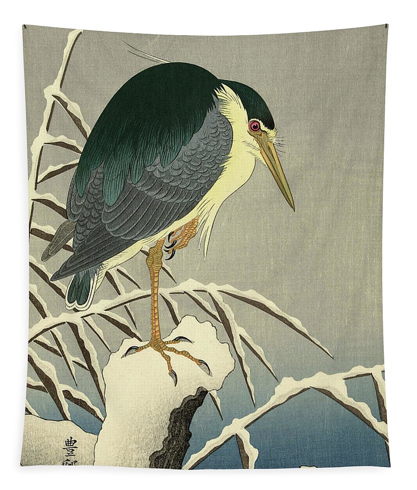 Heron in snow tapestry by ohara koson