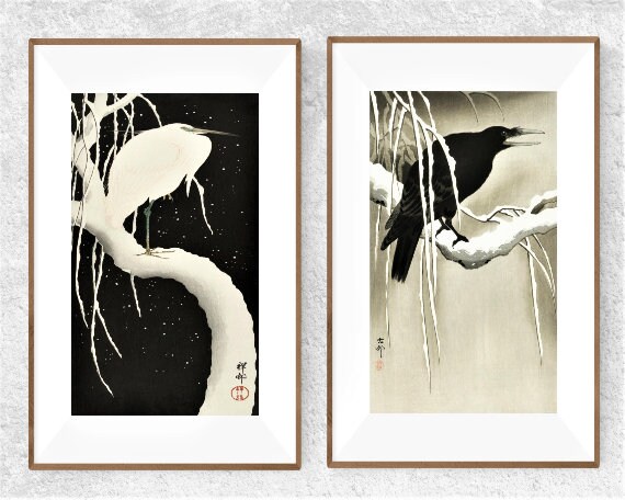 Japanese vintage art prints set of ohara koson heron in snow crow on a snowy branch paintings woodblock wall art digital download