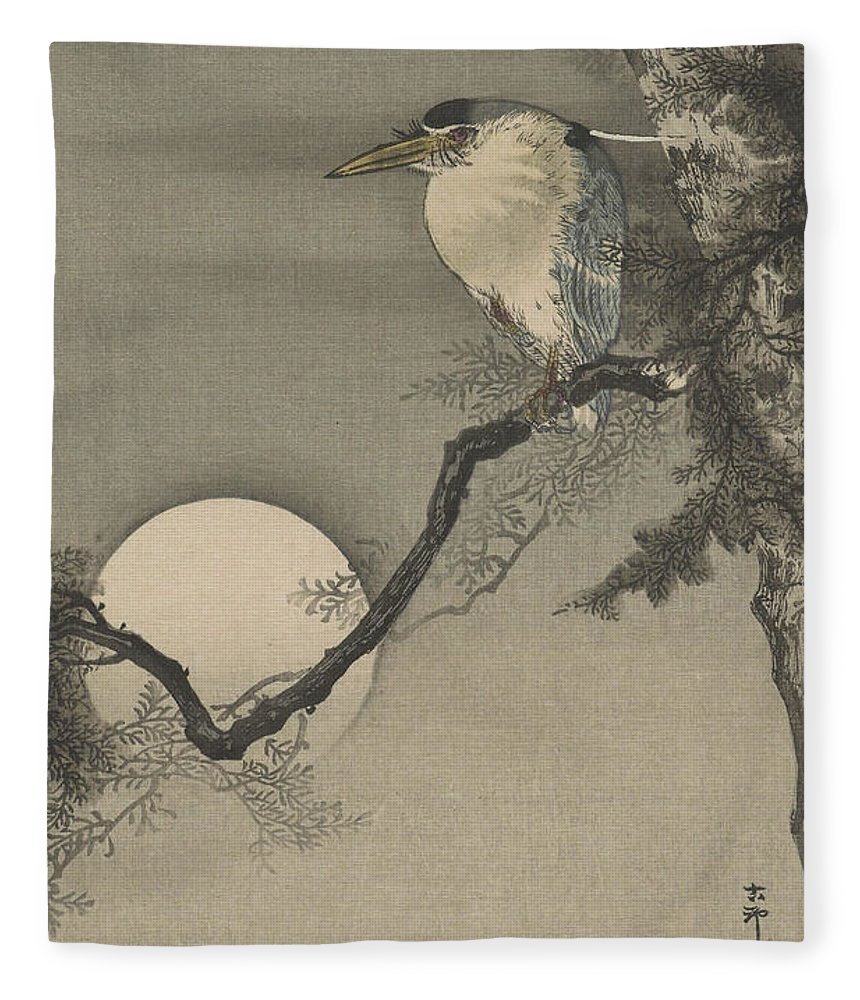 Heron perched on a branch and full moon fleece blanket by ohara koson