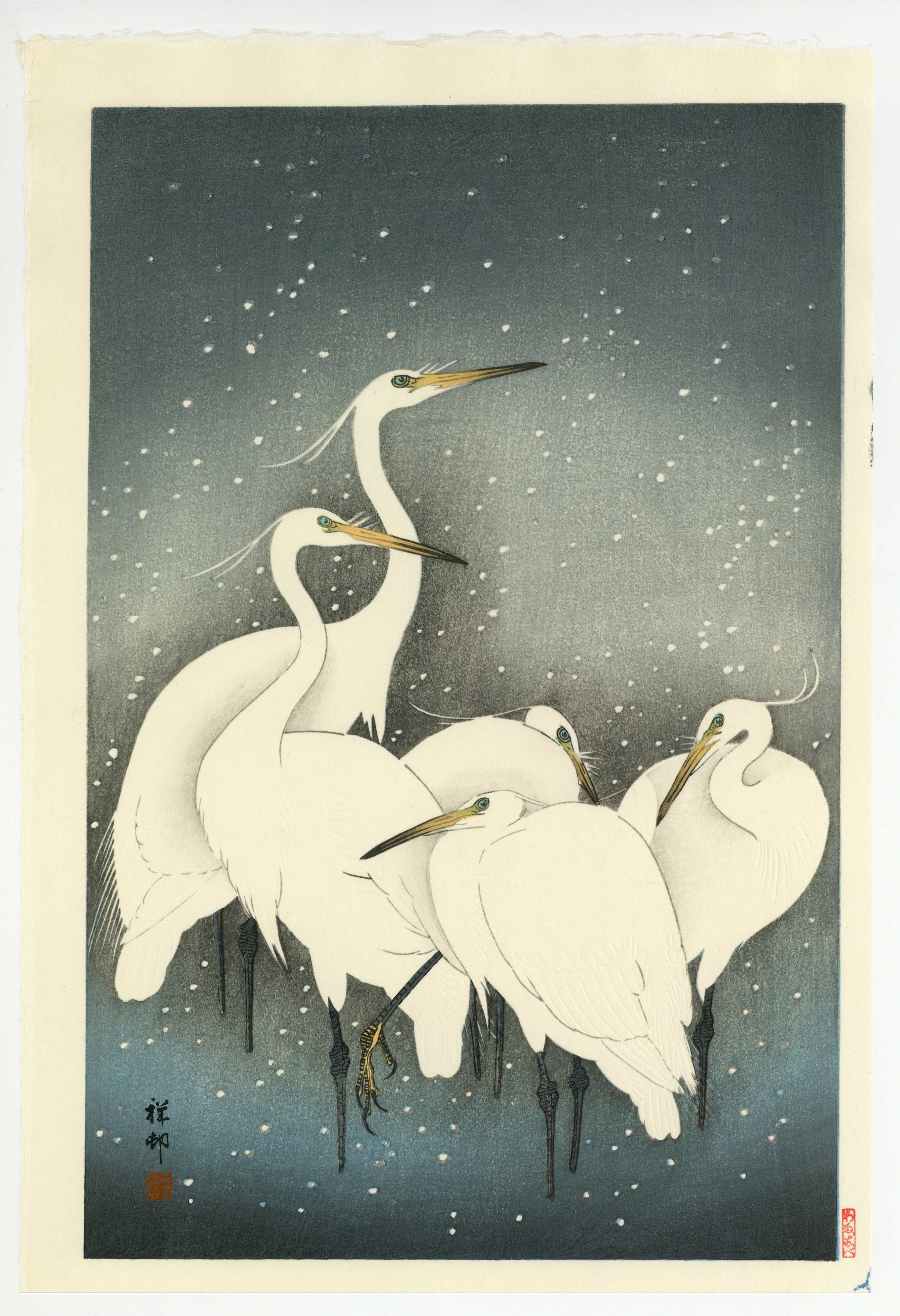 Original woodblock print â ohara koson â a group of herons in snow â heisei period