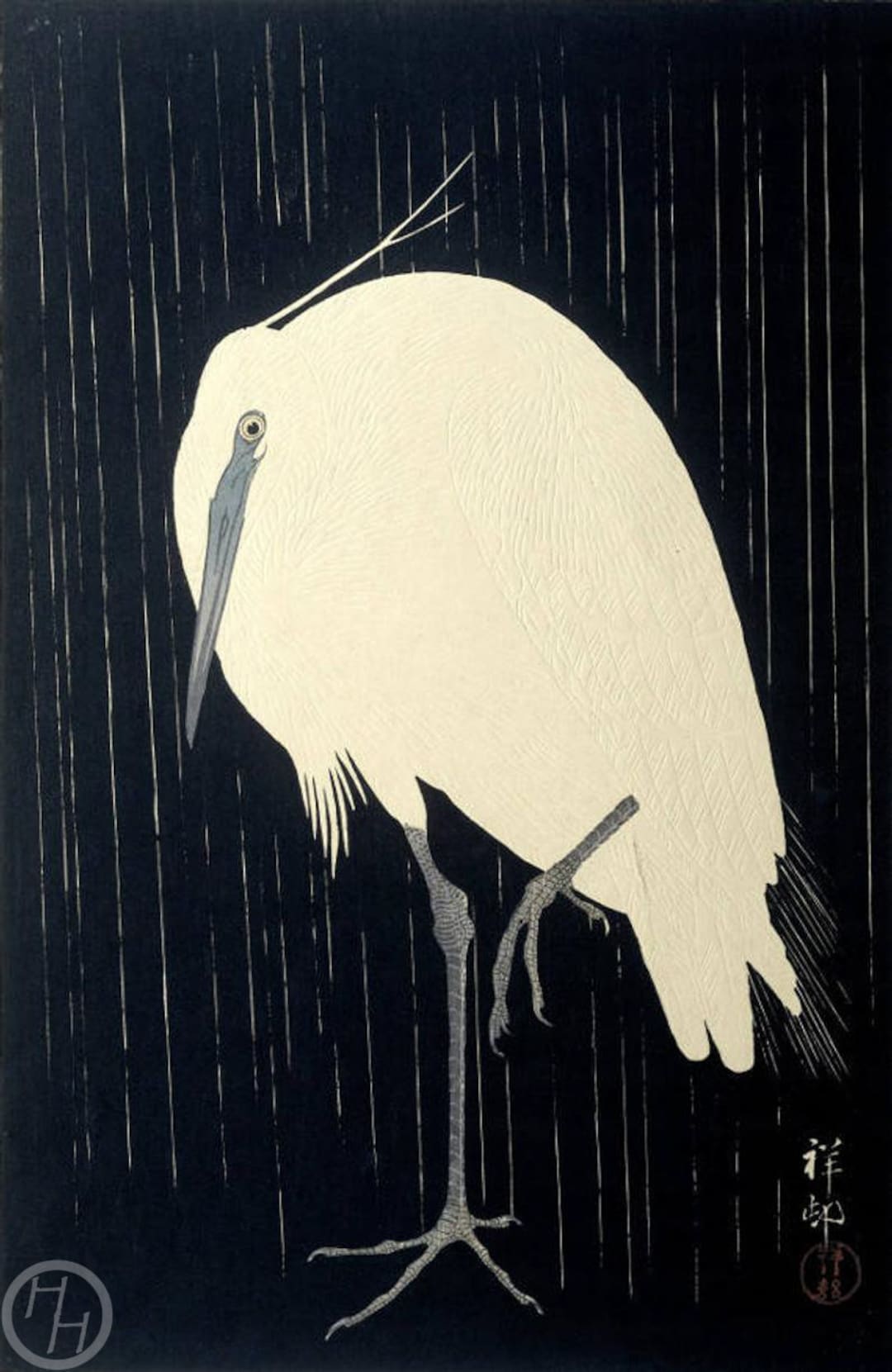 Japanese art print heron in rain by ohara koson woodblock giclãe print fine art asian art cultural art rain drops