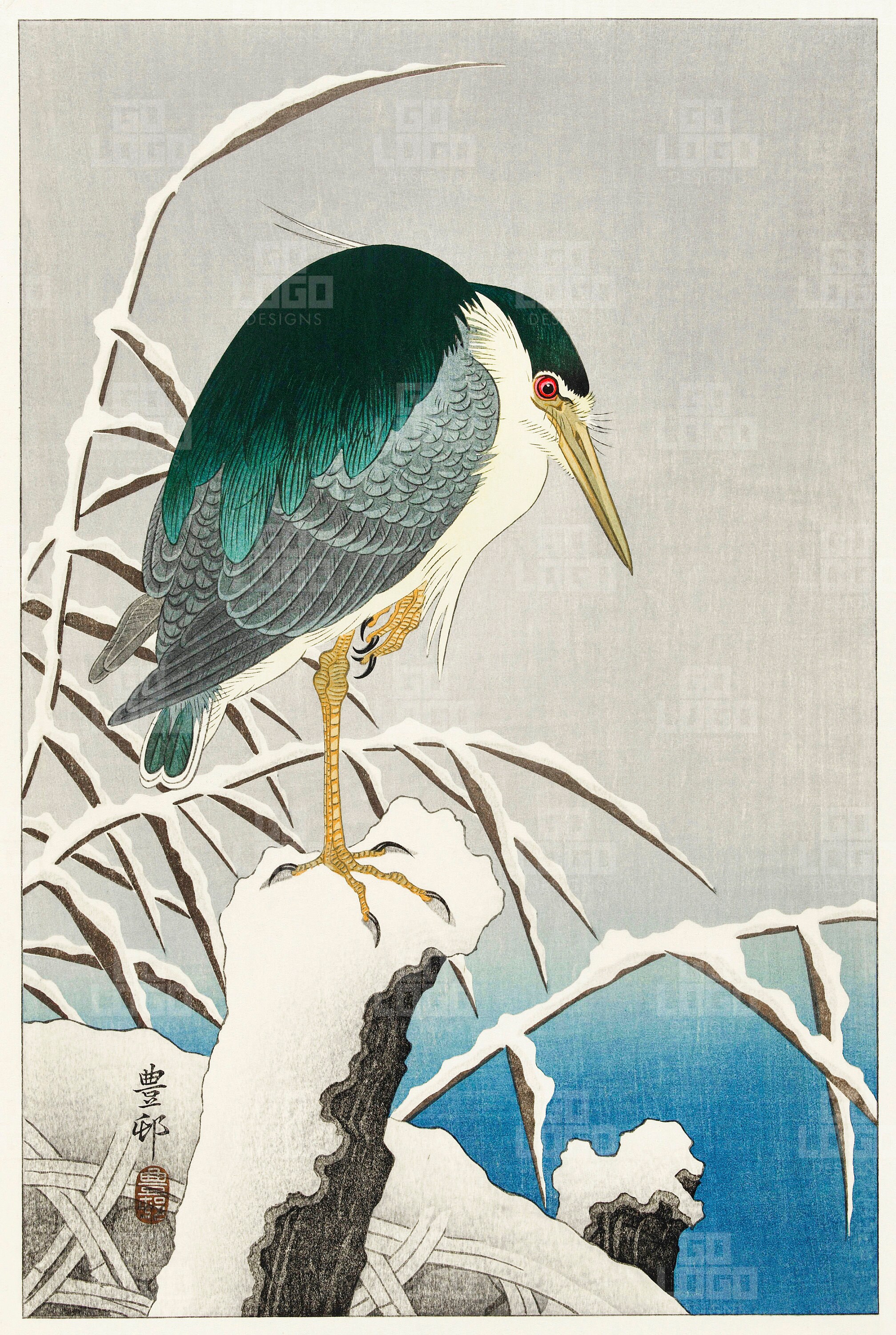 Heron in snow digital download printable ohara koson fine art print famous ukiyo