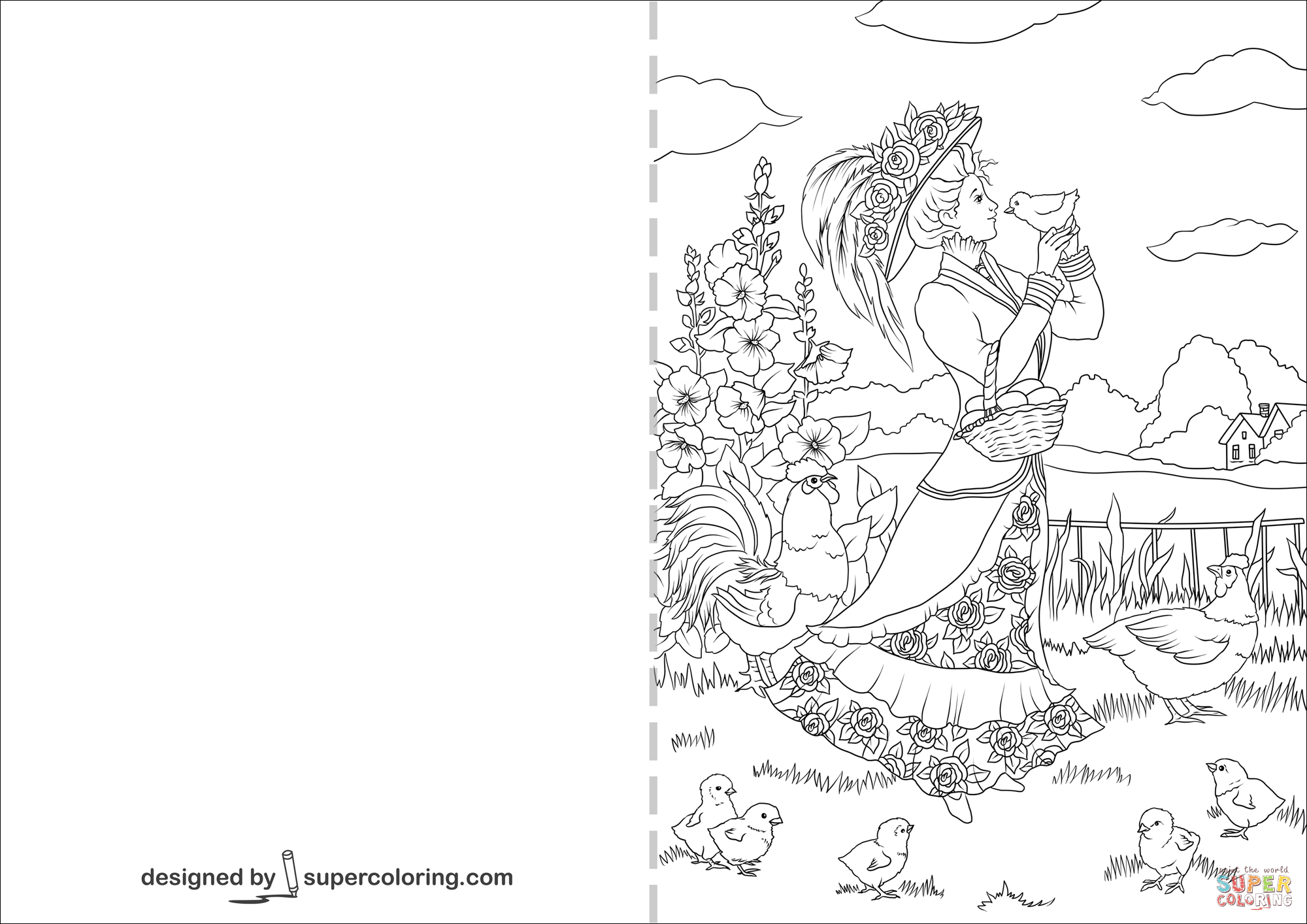 Victorian lady and a chicken in the countryside vintage easter card coloring page free printable coloring pages