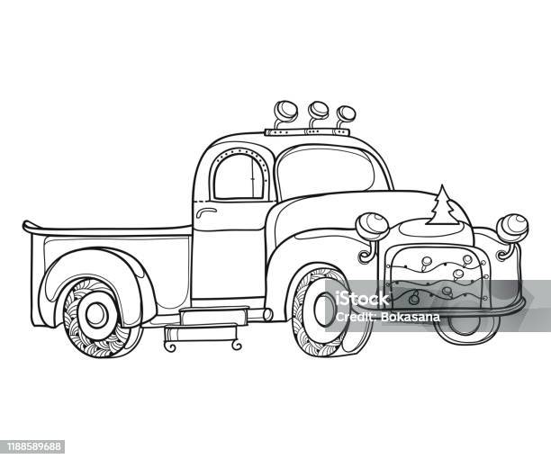 Vector drawing of outline vintage old pickup truck with christmas tree garland in black isolated on white background stock illustration