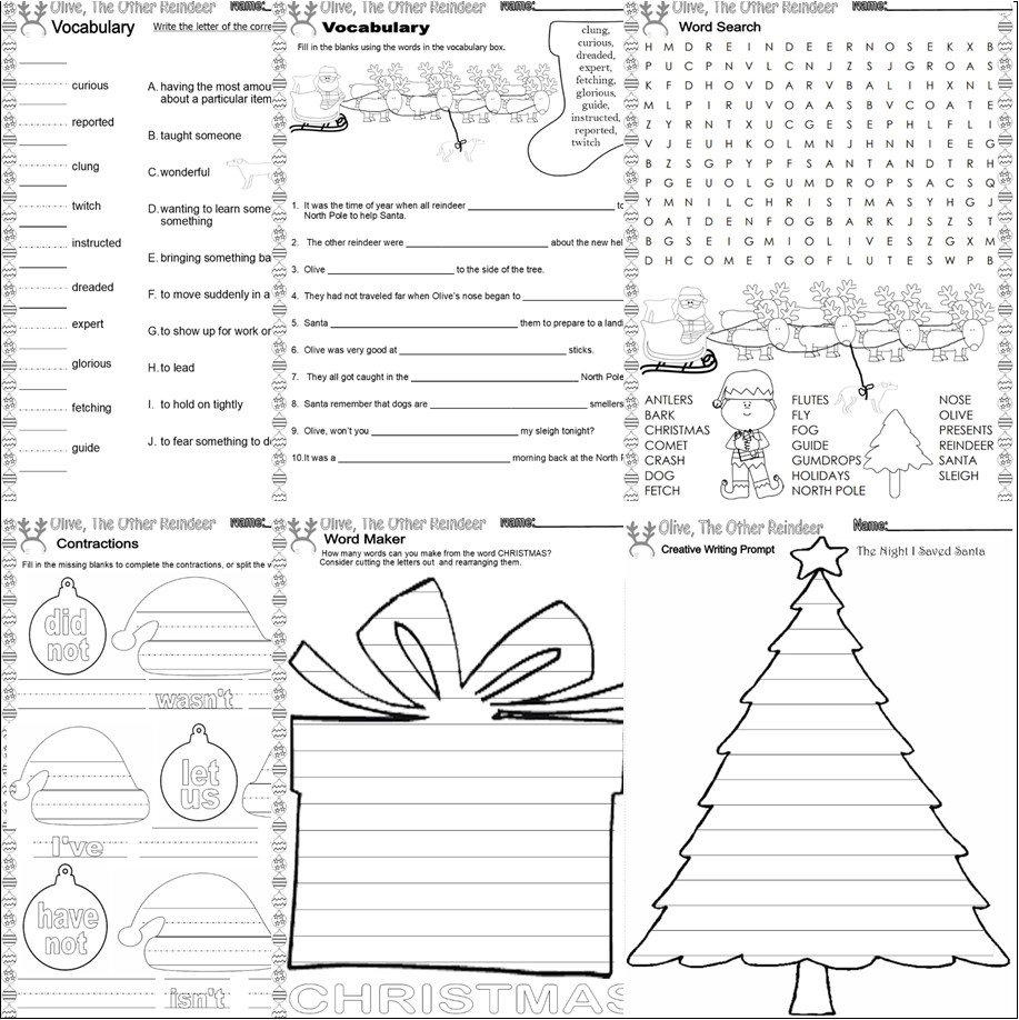 Olive the other reindeer christmas read aloud book panion prehension worksheets made by teachers